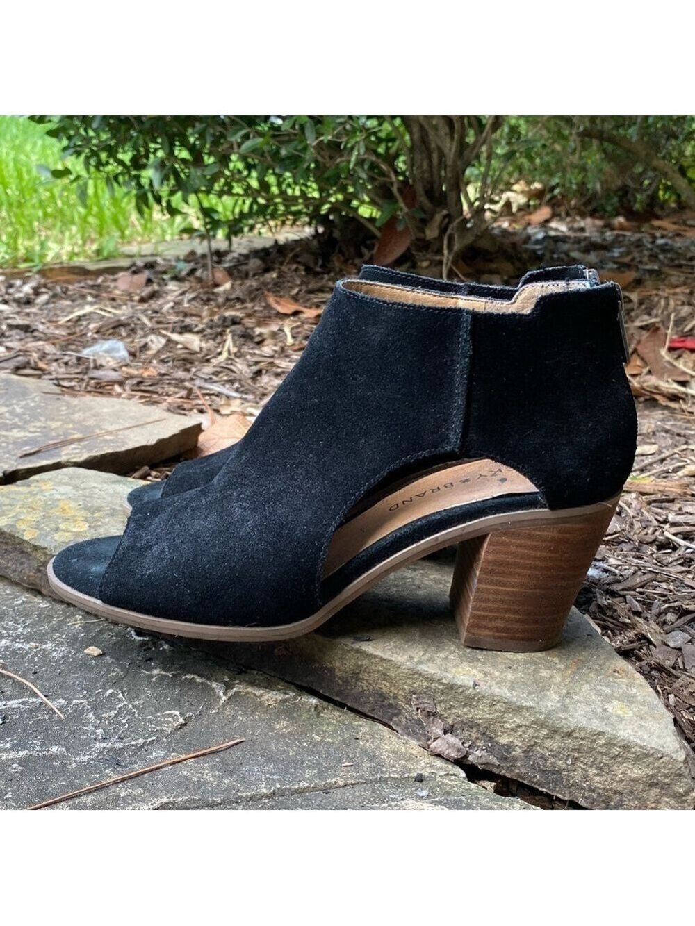 Lucky Brand Size 7.5 38 Keight Black Suede Leather Peep Booties Zipper